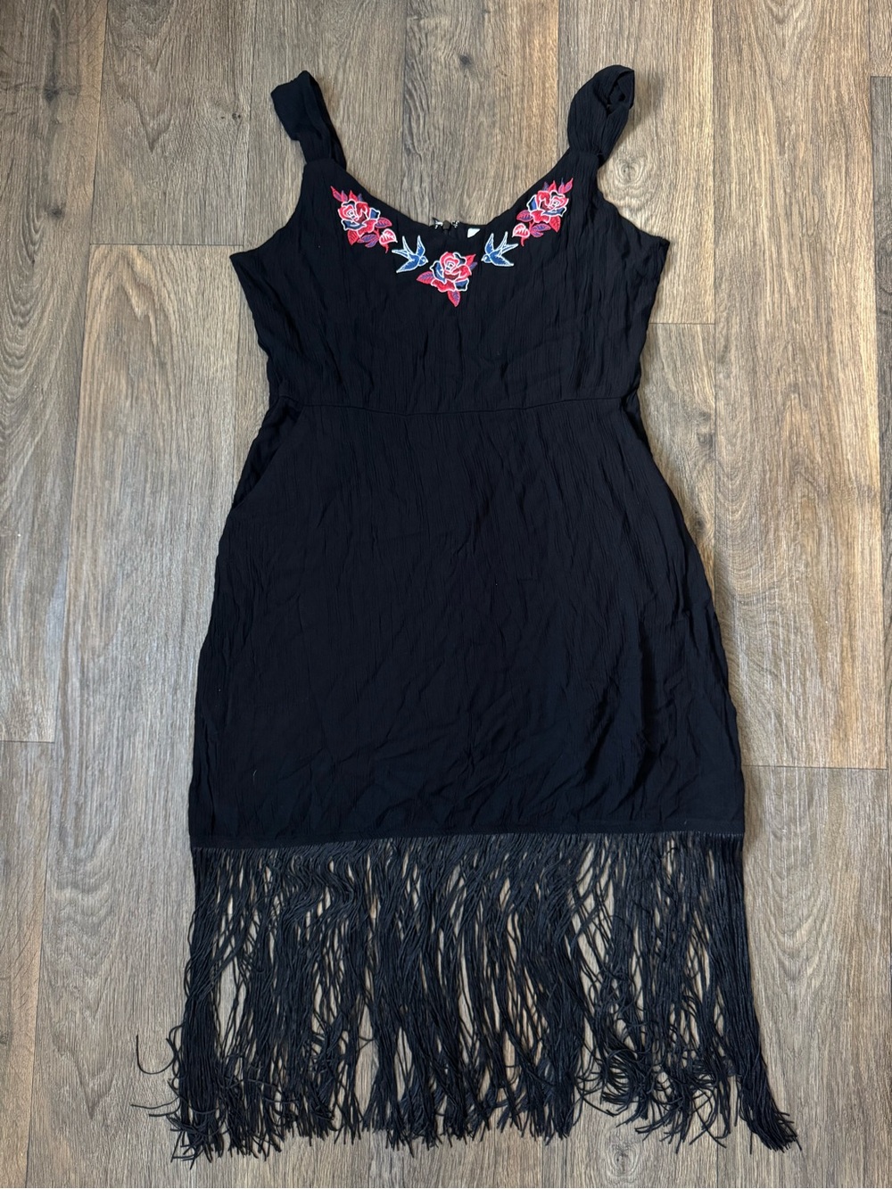 IDYLLWIND Embroidered V-Neck Black Fringe Hem Dress Country Rodeo Women’s L - Picture 2 of 11